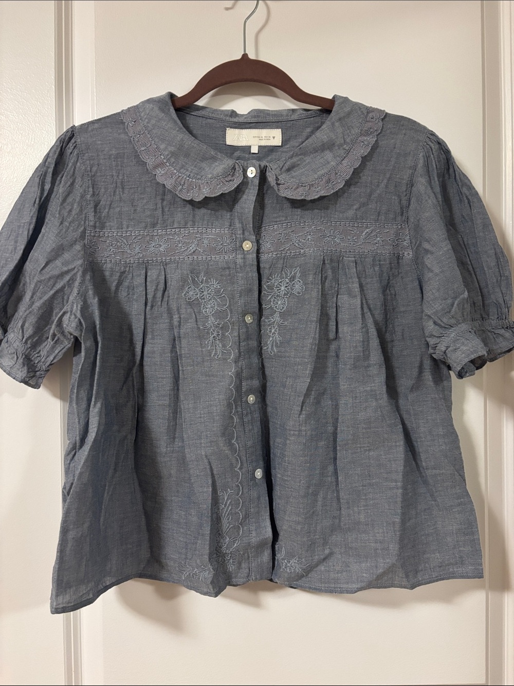 Zara Blue Embroidered Peter Pan Collar Blouse